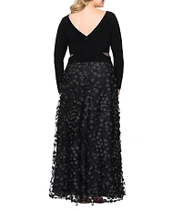 Xscape Plus Size Jersey Knit Long Sleeve V-Neck Top 3D Flower Skirt Gown