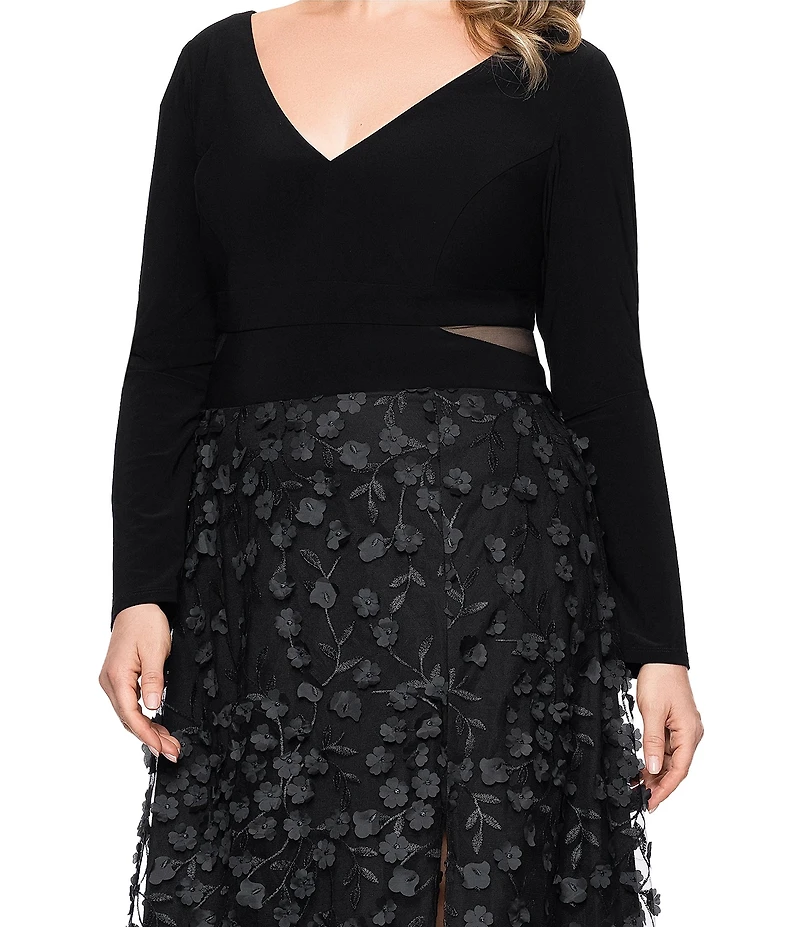 Xscape Plus Size Jersey Knit Long Sleeve V-Neck Top 3D Flower Skirt Gown