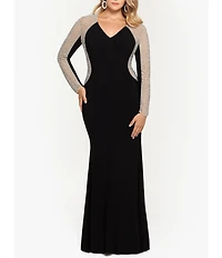 Xscape Plus Size Long Sleeve V-Neck Crystal Beaded Gown