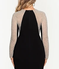 Xscape Plus Size Long Sleeve V-Neck Crystal Beaded Gown
