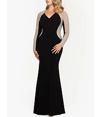 Xscape Plus Size Long Sleeve V-Neck Crystal Beaded Gown