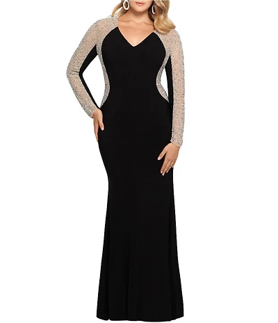 Xscape Plus Size Long Sleeve V-Neck Crystal Beaded Gown