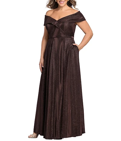 Xscape Plus Size Off-The-Shoulder Allover Glitter Long Dress