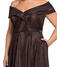 Xscape Plus Size Off-The-Shoulder Allover Glitter Long Dress