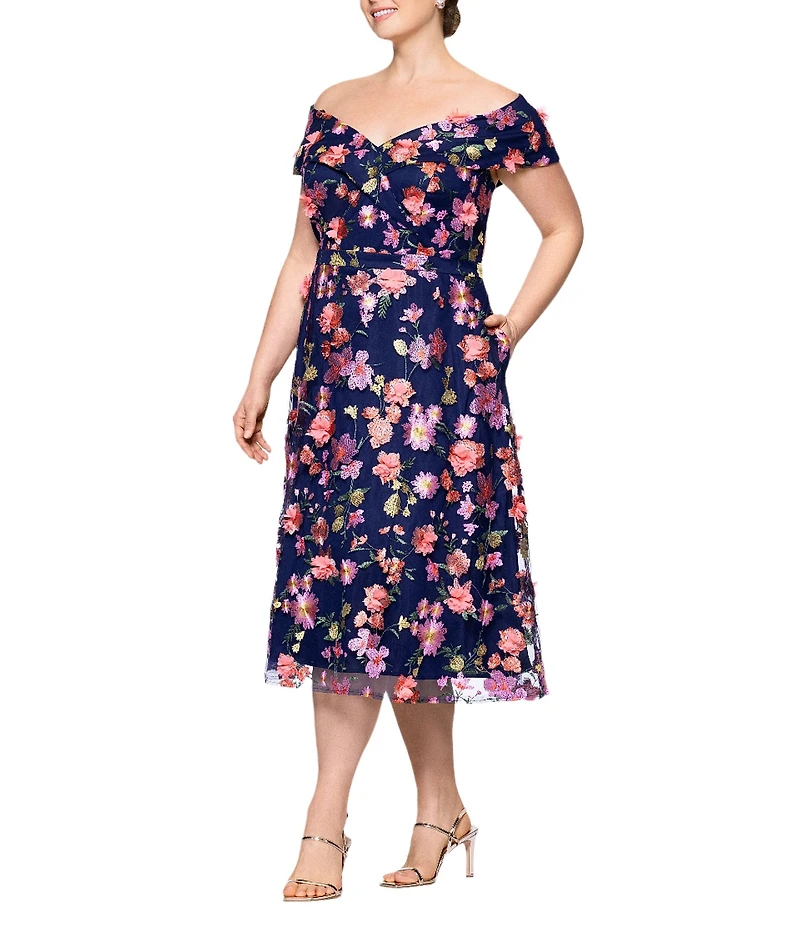 Xscape Plus Size Off-The-Shoulder Portrait Collar A-Line Dress