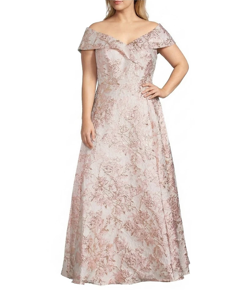 Xscape Plus Size Off-The-Shoulder Sweetheart Neck Short Sleeve Brocade Ball Gown