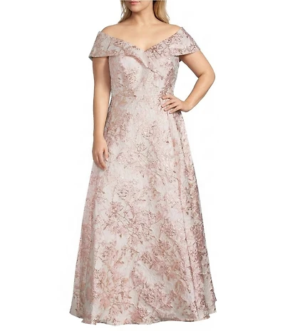 Xscape Plus Size Off-The-Shoulder Sweetheart Neck Short Sleeve Brocade Ball Gown