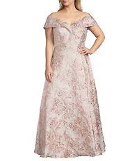 Xscape Plus Size Off-The-Shoulder Sweetheart Neck Short Sleeve Brocade Ball Gown