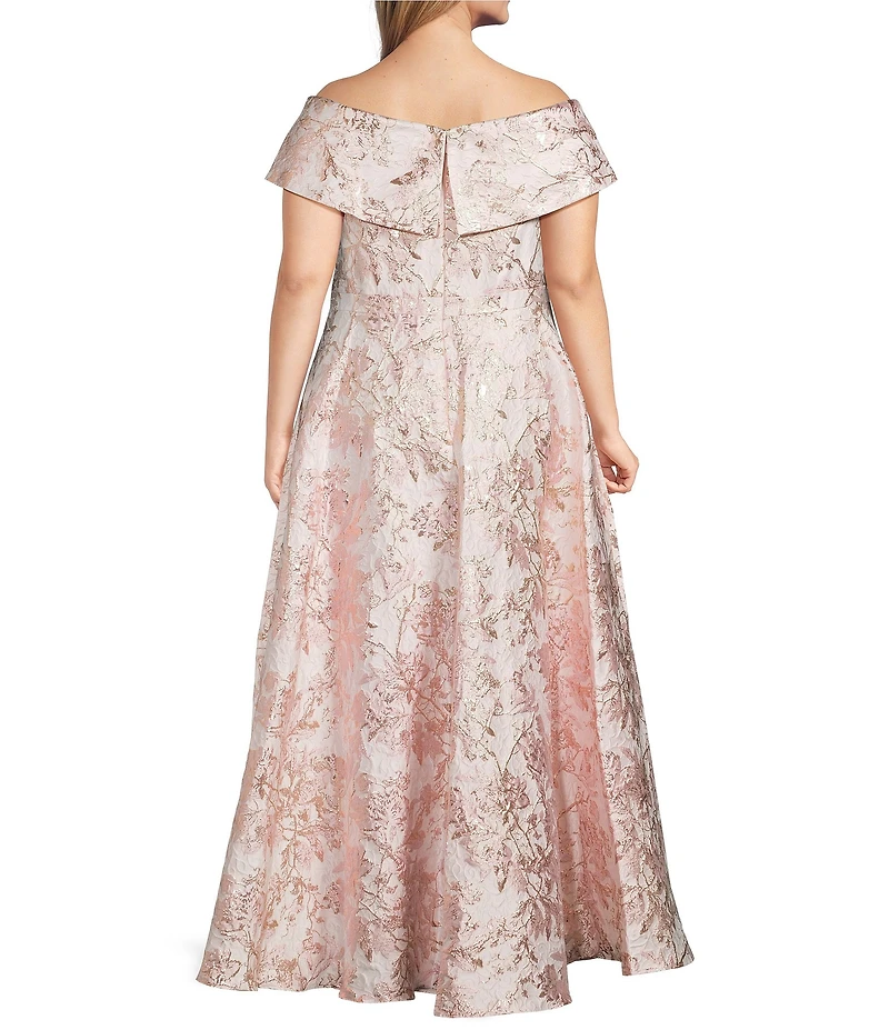 Xscape Plus Size Off-The-Shoulder Sweetheart Neck Short Sleeve Brocade Ball Gown