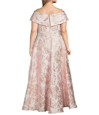 Xscape Plus Size Off-The-Shoulder Sweetheart Neck Short Sleeve Brocade Ball Gown