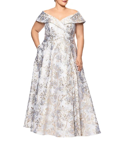 Xscape Plus Size Off-the-Shoulder Sweetheart Neck Short Sleeve Brocade Ball Gown
