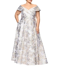 Xscape Plus Size Off-the-Shoulder Sweetheart Neck Short Sleeve Brocade Ball Gown