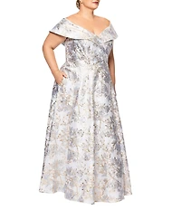 Xscape Plus Size Off-the-Shoulder Sweetheart Neck Short Sleeve Brocade Ball Gown