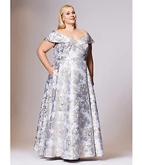 Xscape Plus Size Off-the-Shoulder Sweetheart Neck Short Sleeve Brocade Ball Gown