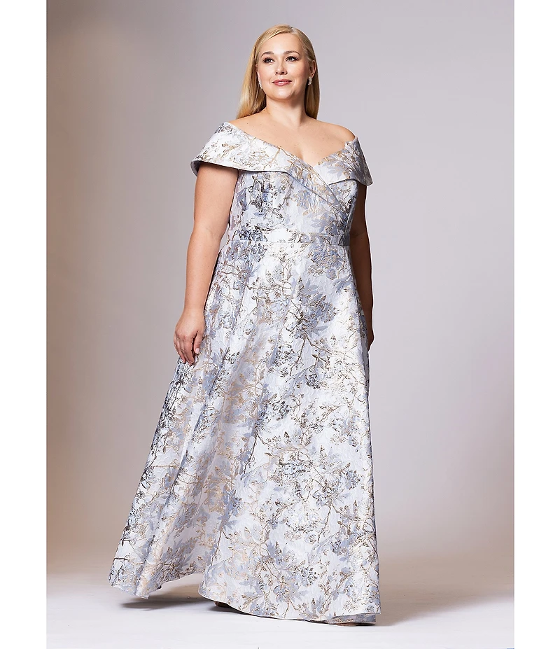 Xscape Plus Size Off-the-Shoulder Sweetheart Neck Short Sleeve Brocade Ball Gown