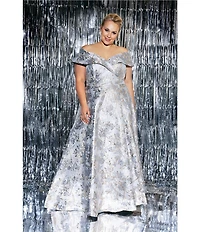 Xscape Plus Size Off-the-Shoulder Sweetheart Neck Short Sleeve Brocade Ball Gown