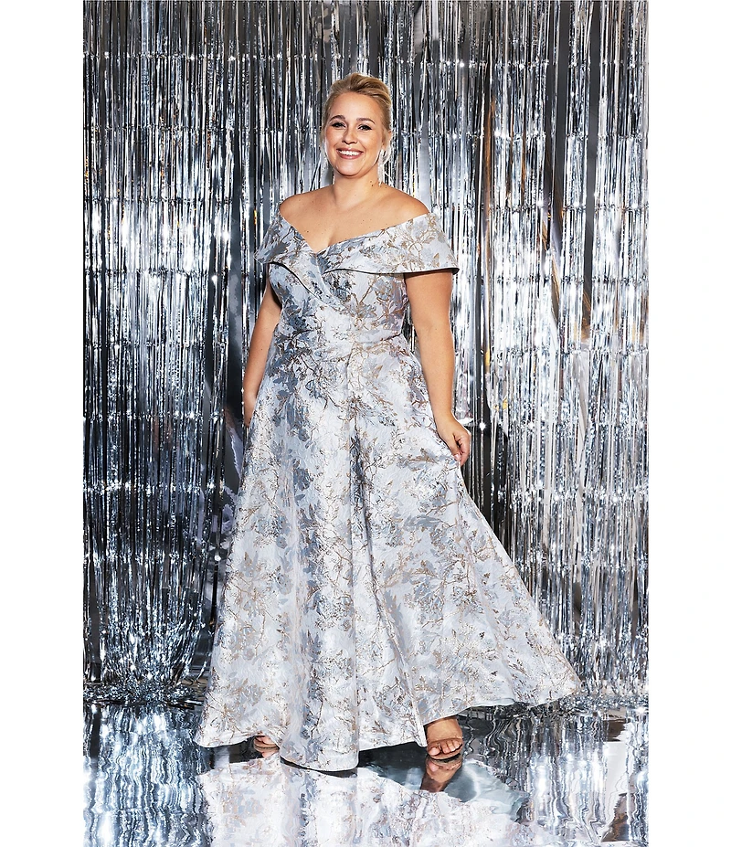 Xscape Plus Size Off-the-Shoulder Sweetheart Neck Short Sleeve Brocade Ball Gown