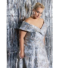 Xscape Plus Size Off-the-Shoulder Sweetheart Neck Short Sleeve Brocade Ball Gown