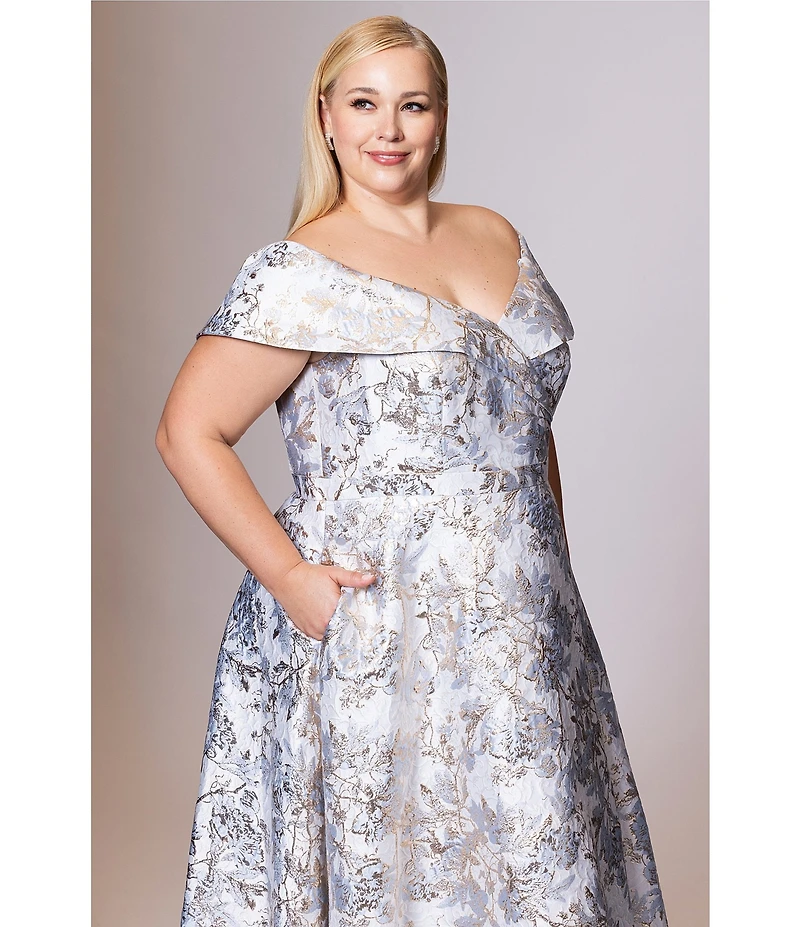 Xscape Plus Size Off-the-Shoulder Sweetheart Neck Short Sleeve Brocade Ball Gown