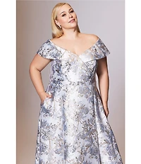 Xscape Plus Size Off-the-Shoulder Sweetheart Neck Short Sleeve Brocade Ball Gown