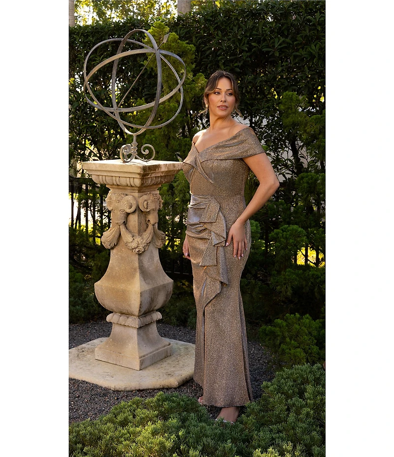 Xscape Plus Size Off-the-Shoulder Sweetheart Neck Short Sleeve Cascading Ruffle Sheath Dress