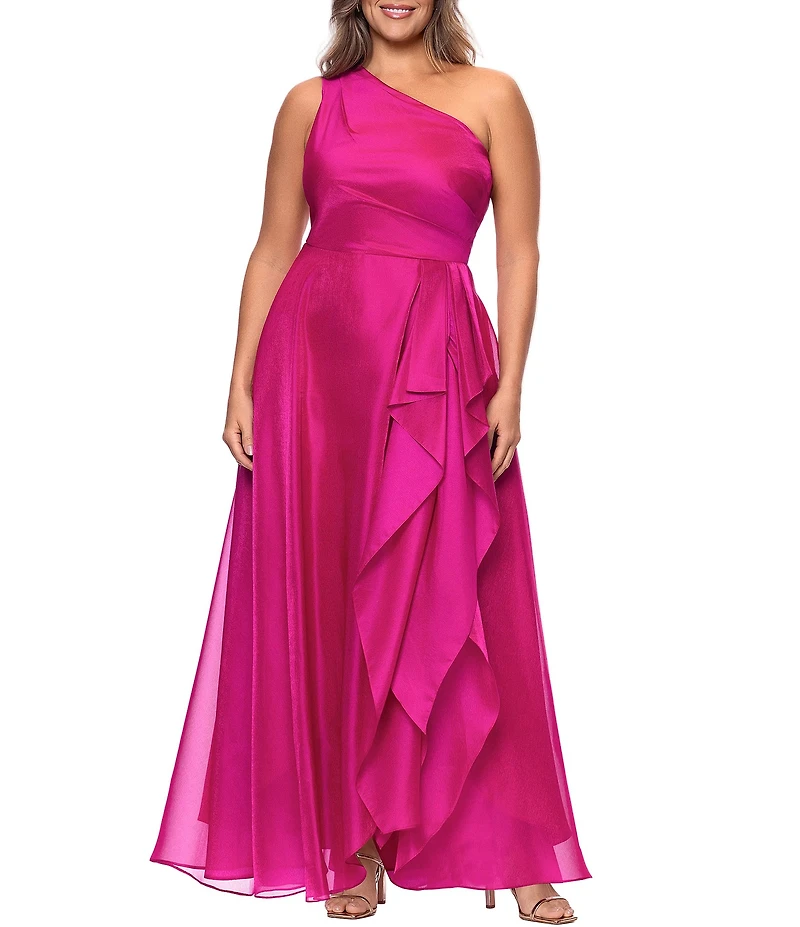 Xscape Plus Size One Shoulder Cascading Side Ruffle Organza A-Line Long Gown