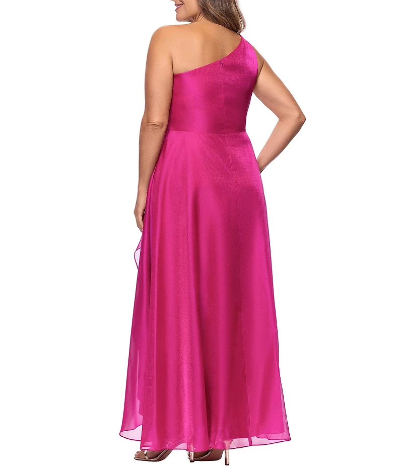 Xscape Plus Size One Shoulder Cascading Side Ruffle Organza A-Line Long Gown