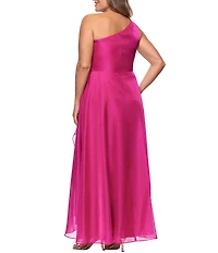 Xscape Plus Size One Shoulder Cascading Side Ruffle Organza A-Line Long Gown