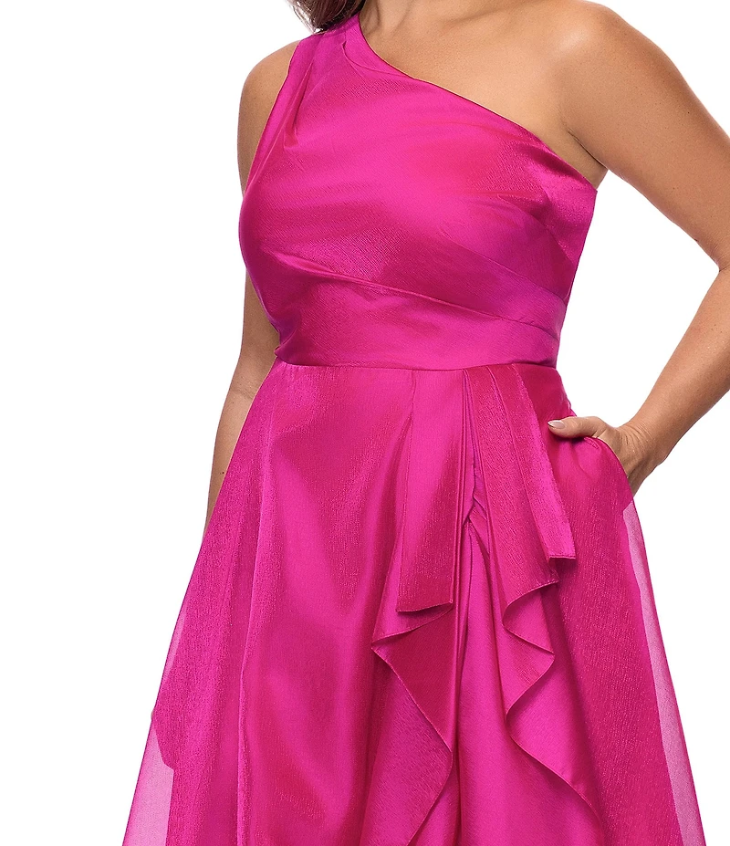 Xscape Plus Size One Shoulder Cascading Side Ruffle Organza A-Line Long Gown