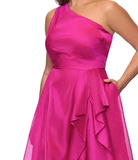 Xscape Plus Size One Shoulder Cascading Side Ruffle Organza A-Line Long Gown