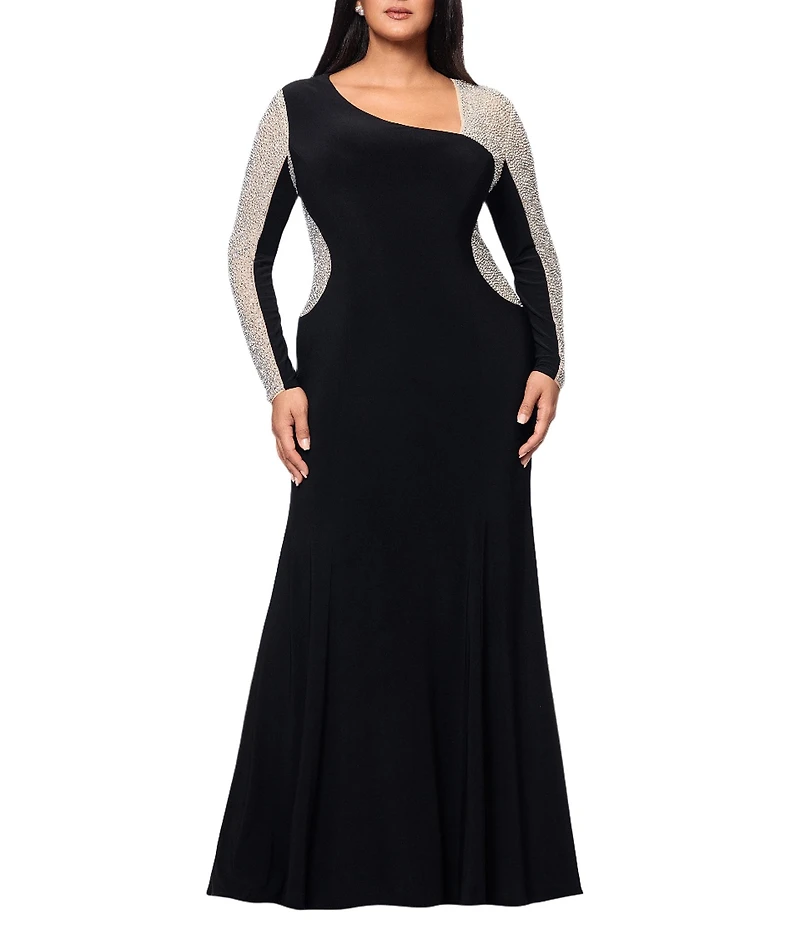 Xscape Plus Size Rhinestone Beaded Long Sleeve Gown