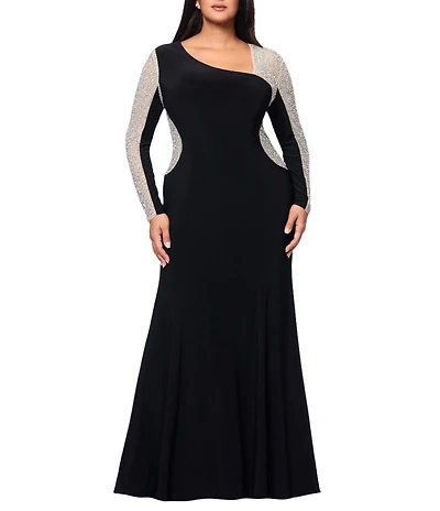 Xscape Plus Size Rhinestone Beaded Long Sleeve Gown