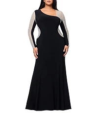Xscape Plus Size Rhinestone Beaded Long Sleeve Gown