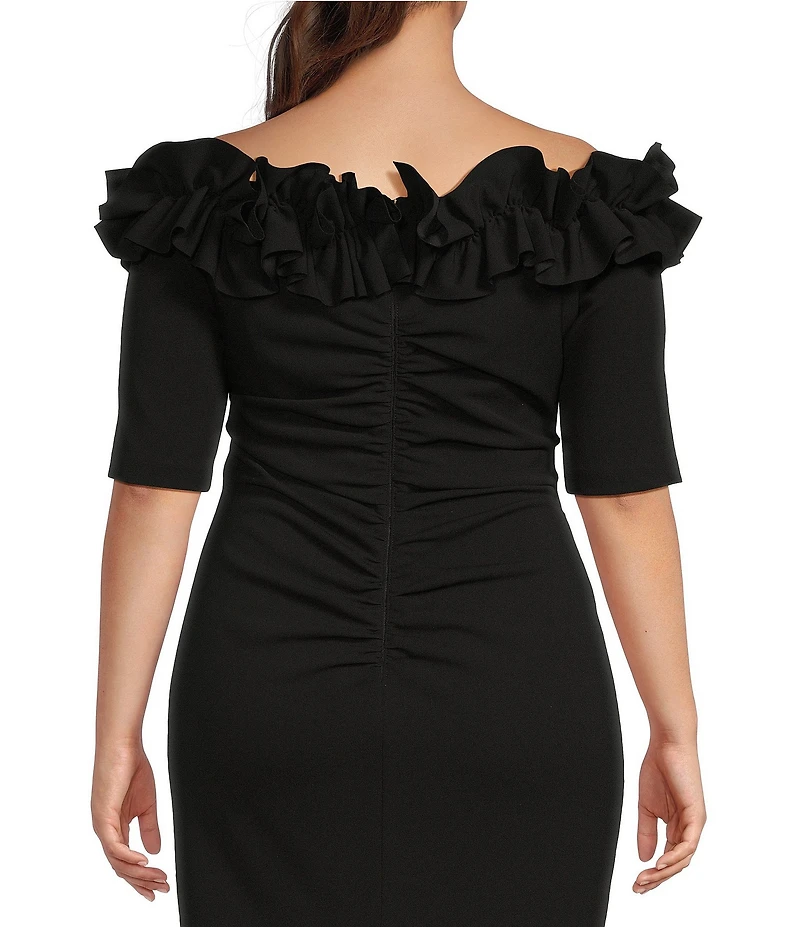 Xscape Plus Size Ruffled Off-the-Shoulder Short Sleeve Crepe Sheath Gown