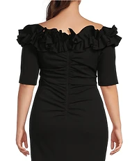 Xscape Plus Size Ruffled Off-the-Shoulder Short Sleeve Crepe Sheath Gown