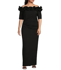 Xscape Plus Size Ruffled Off-the-Shoulder Short Sleeve Crepe Sheath Gown