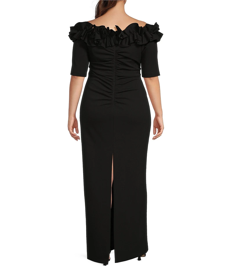 Xscape Plus Size Ruffled Off-the-Shoulder Short Sleeve Crepe Sheath Gown