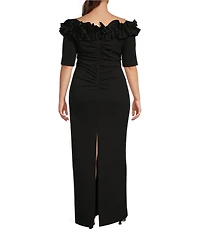 Xscape Plus Size Ruffled Off-the-Shoulder Short Sleeve Crepe Sheath Gown