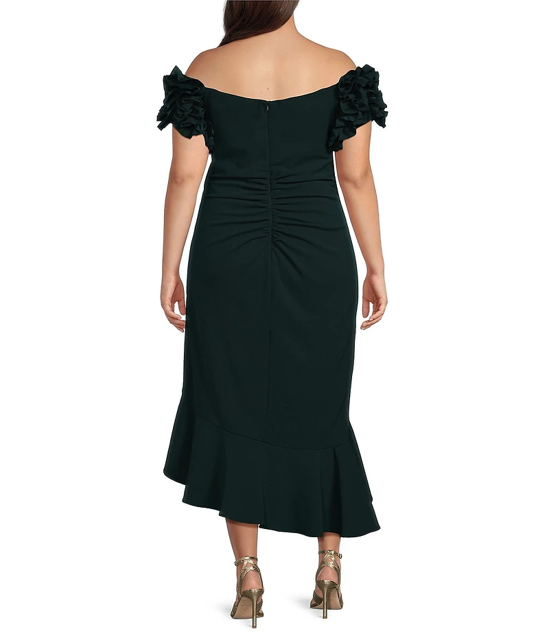 Xscape Plus Size Ruffle Short Sleeve Off-The-Shoulder Ruched Sheath Dress