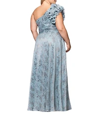 Xscape Plus Size Ruffled One Shoulder Crinkled Foil A-Line Gown