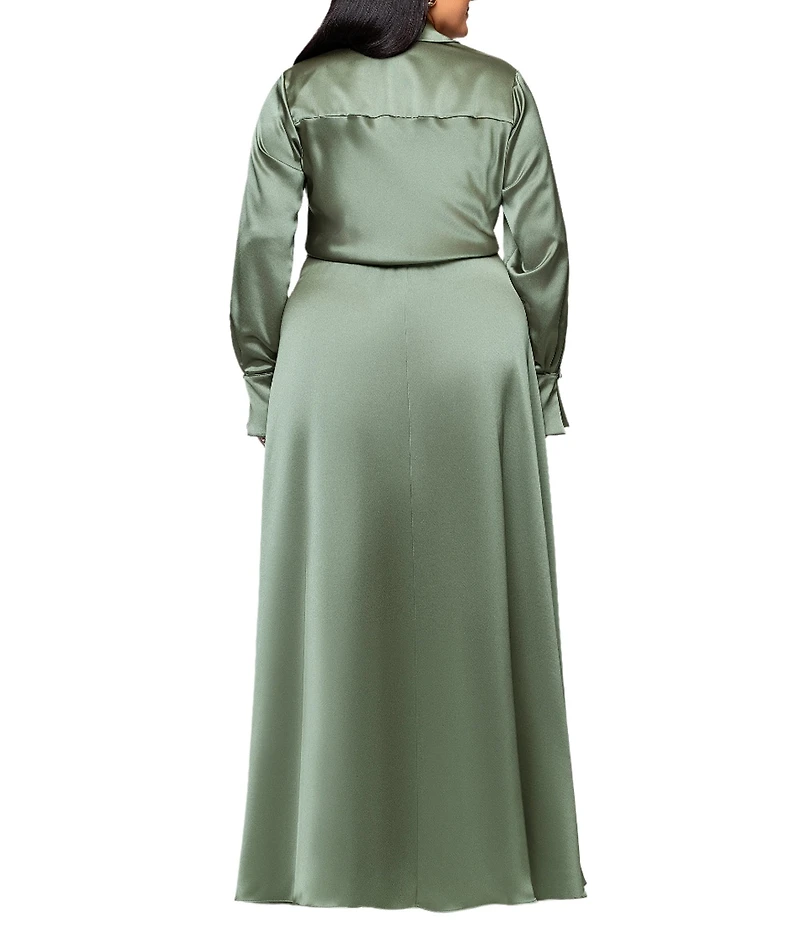 Xscape Plus Size Satin Collared Long Sleeve Faux Wrap Gown