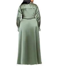 Xscape Plus Size Satin Collared Long Sleeve Faux Wrap Gown