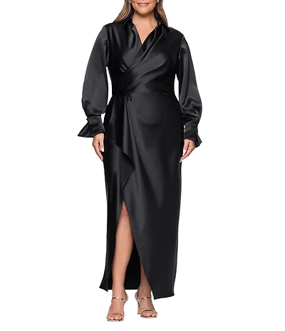 Xscape Plus Size Satin Long Sleeve Faux Wrap Gown