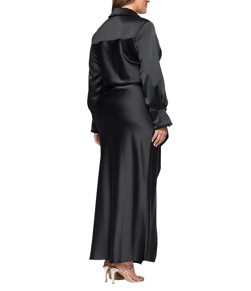 Xscape Plus Size Satin Long Sleeve Faux Wrap Gown
