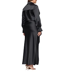 Xscape Plus Size Satin Long Sleeve Faux Wrap Gown