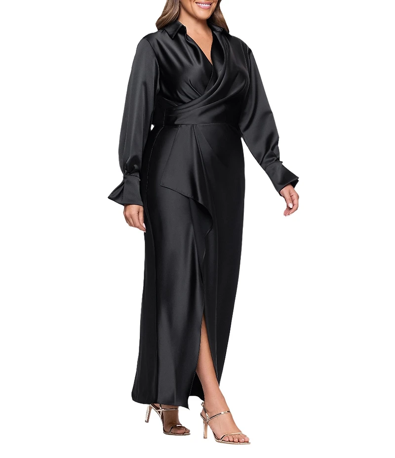 Xscape Plus Size Satin Long Sleeve Faux Wrap Gown