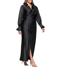 Xscape Plus Size Satin Long Sleeve Faux Wrap Gown