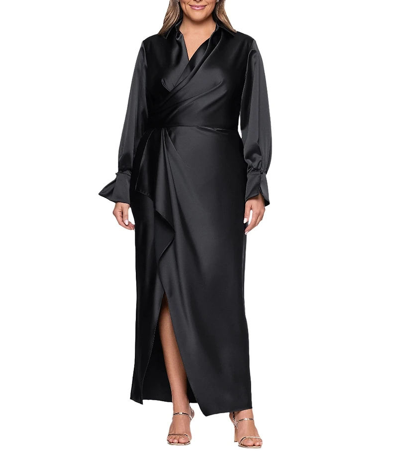 Xscape Plus Size Satin Long Sleeve Faux Wrap Gown