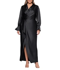 Xscape Plus Size Satin Long Sleeve Faux Wrap Gown
