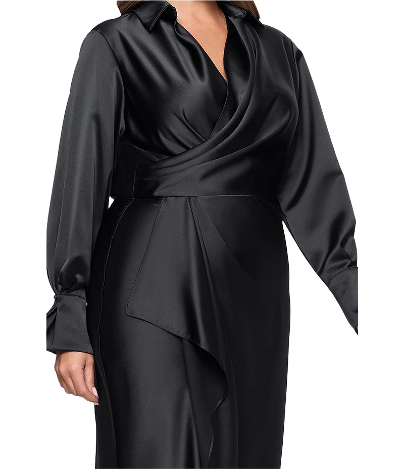 Xscape Plus Size Satin Long Sleeve Faux Wrap Gown